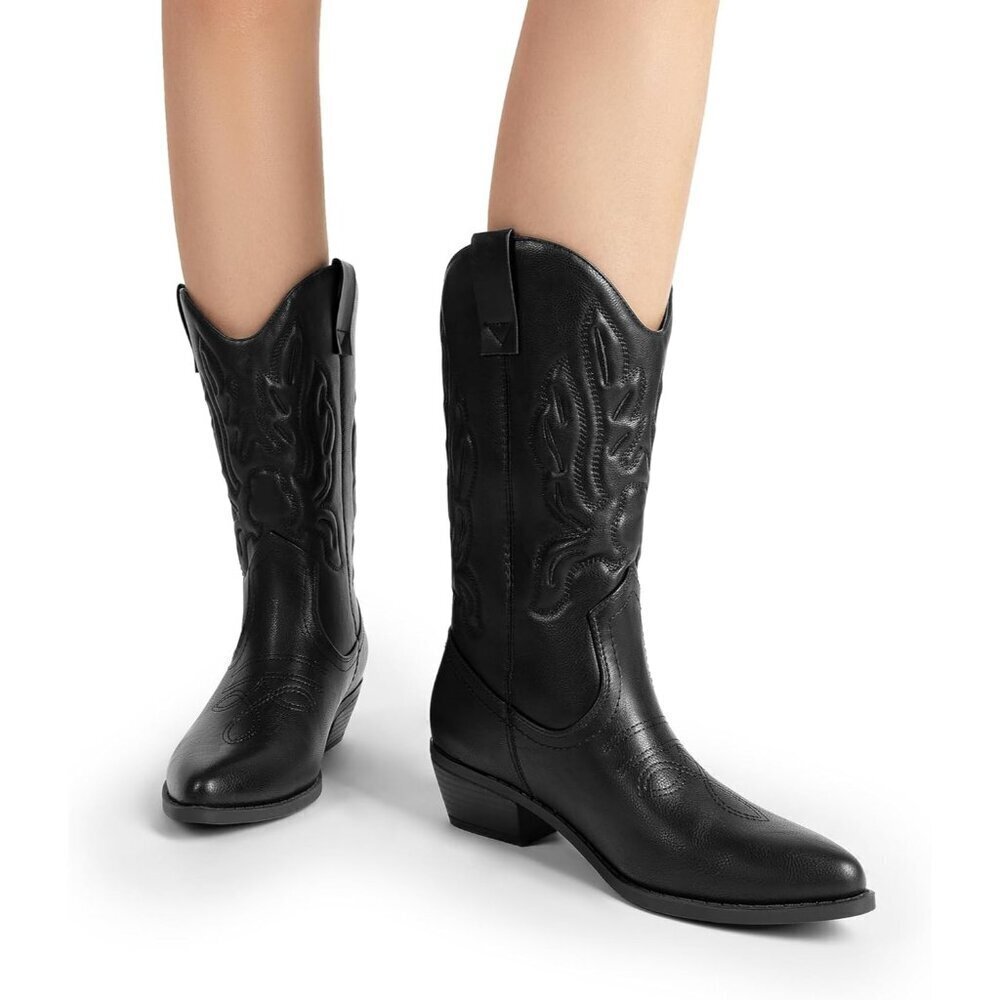 Women's Black Mid Calf Western Embroidery Stitched Faux Leather Cowgirl Boots - Picture 8 of 8
